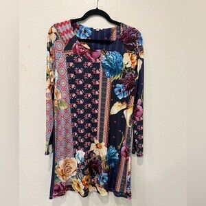 Johnny Was Verdell Patchwork Floral Festival Boho Shift Dress in a multi-color